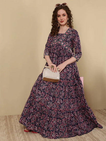 Rayon Printed Ankle Length 3/4 Sleeve V-Neck Alia Cut Tiered Kurta