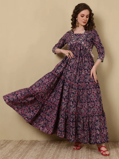 Rayon Printed Ankle Length 3/4 Sleeve V-Neck Alia Cut Tiered Kurta