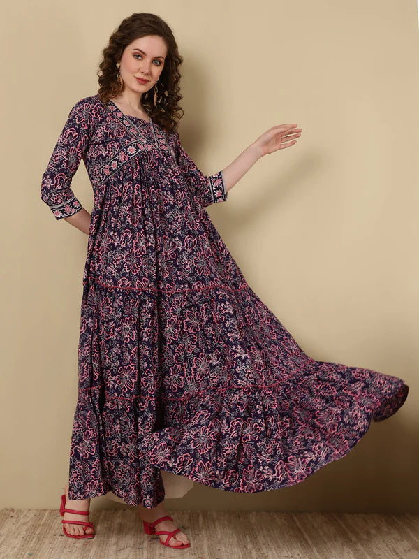 Rayon Printed Ankle Length 3/4 Sleeve V-Neck Alia Cut Tiered Kurta