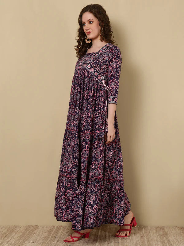 Rayon Printed Ankle Length 3/4 Sleeve V-Neck Alia Cut Tiered Kurta