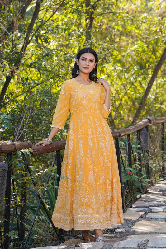 YELLOW GEORGETTE PRINTED ANARKALI DRESS