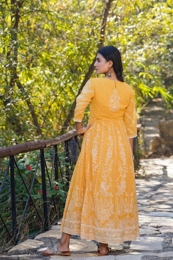 YELLOW GEORGETTE PRINTED ANARKALI DRESS