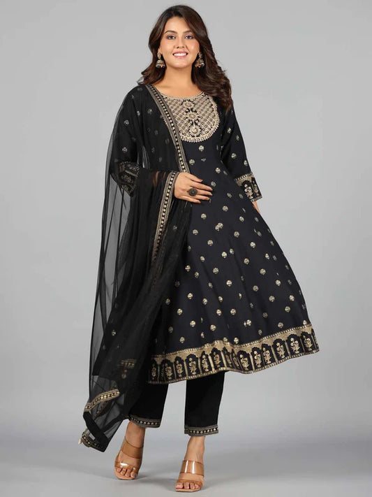 BLACK RAYON PRINTED WITH EMBROIDERY KURTA, PANTS & DUPATTA SET