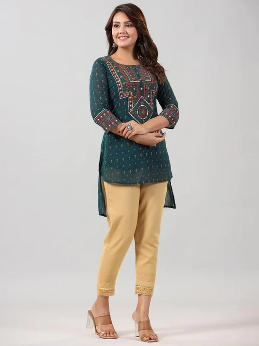 GREEN GEORGETTE PRINTED HIGH-LOW STRAIGHT TUNIC