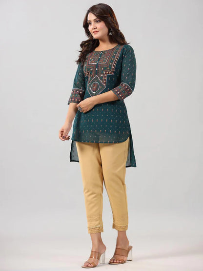 GREEN GEORGETTE PRINTED HIGH-LOW STRAIGHT TUNIC