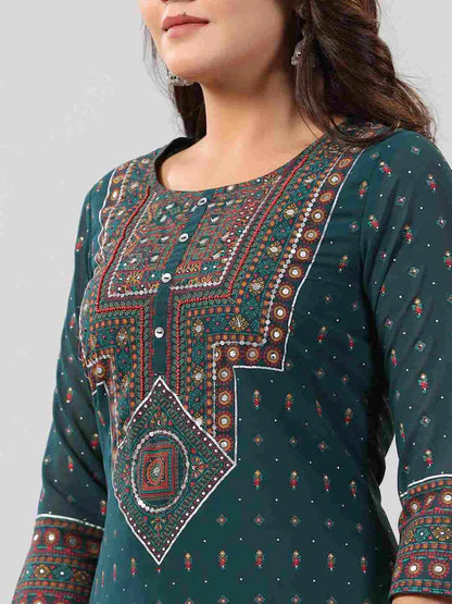 GREEN GEORGETTE PRINTED HIGH-LOW STRAIGHT TUNIC