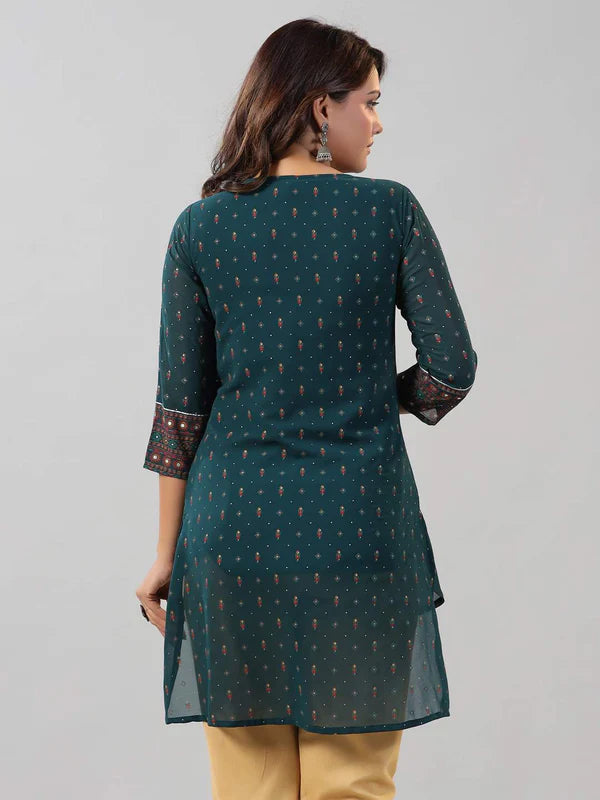 GREEN GEORGETTE PRINTED HIGH-LOW STRAIGHT TUNIC