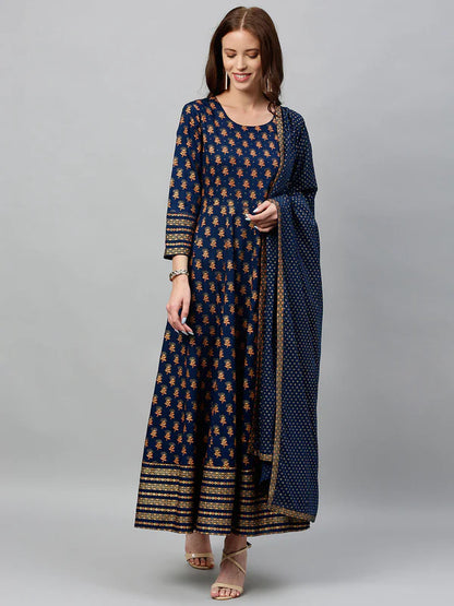 RAYON PRINTED ANARKALI KURTA WITH DUPATTA