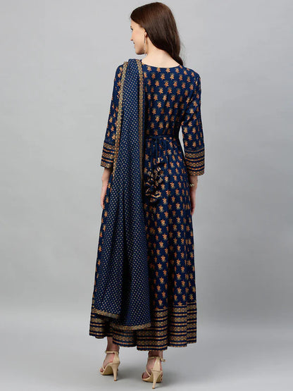 RAYON PRINTED ANARKALI KURTA WITH DUPATTA