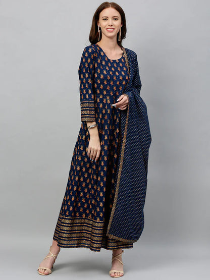 RAYON PRINTED ANARKALI KURTA WITH DUPATTA