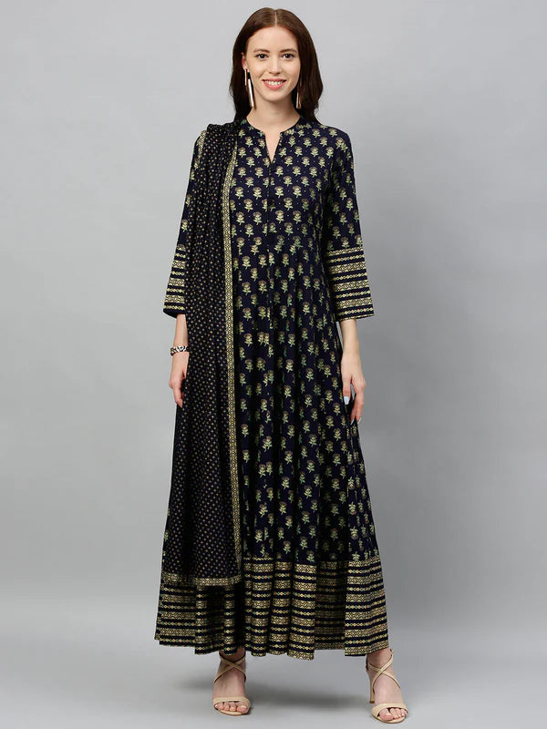 RAYON PRINTED ANARKALI KURTA WITH DUPATTA