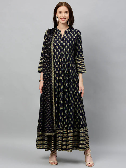 RAYON PRINTED ANARKALI KURTA WITH DUPATTA