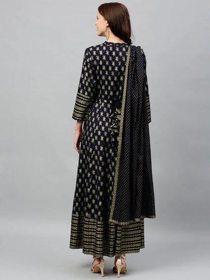 RAYON PRINTED ANARKALI KURTA WITH DUPATTA