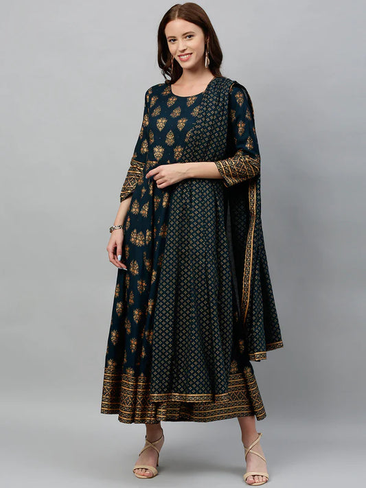 RAYON PRINTED ANARKALI KURTA WITH DUPATTA