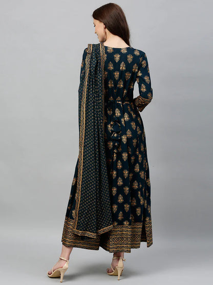 RAYON PRINTED ANARKALI KURTA WITH DUPATTA