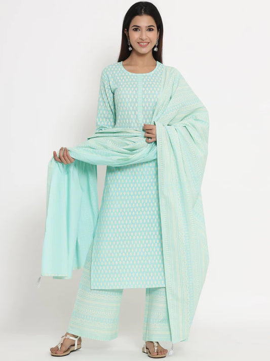 COTTON PRINTED STRAIGHT KURTA PALAZZO DUPATTA