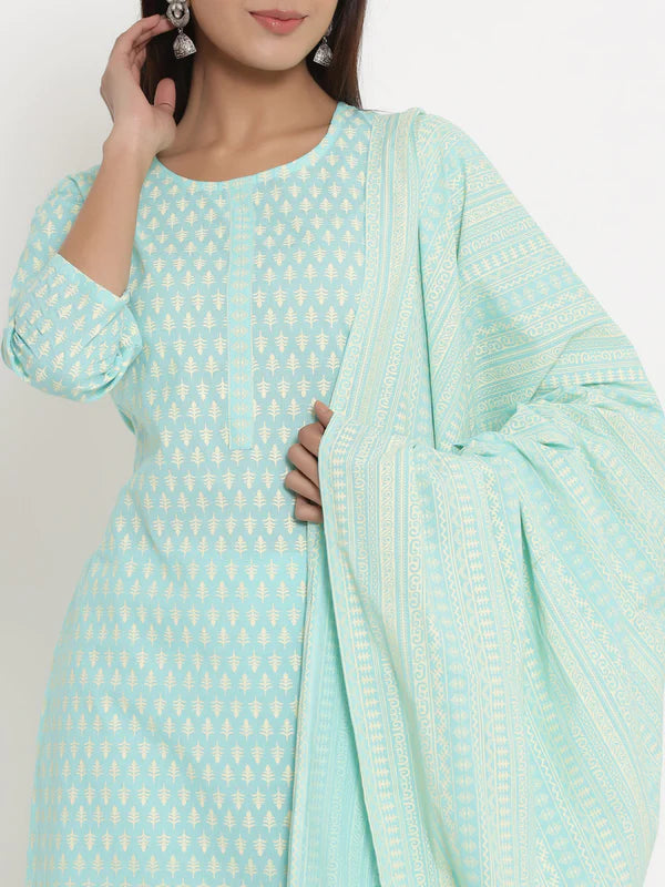 COTTON PRINTED STRAIGHT KURTA PALAZZO DUPATTA