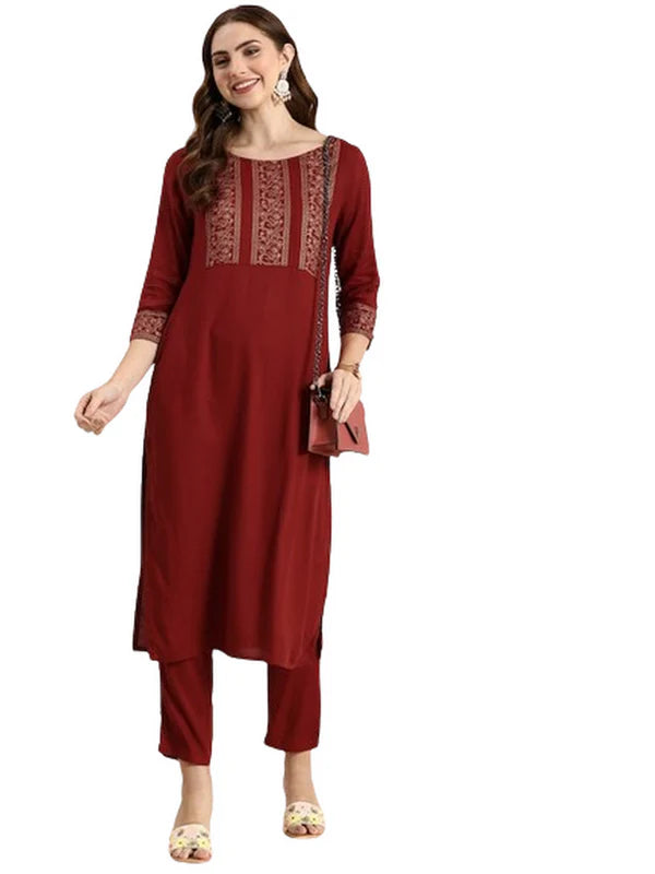 SOLID ROUND NECK HALF SLEEVES CALF LENGTH RAYON KURTA SET