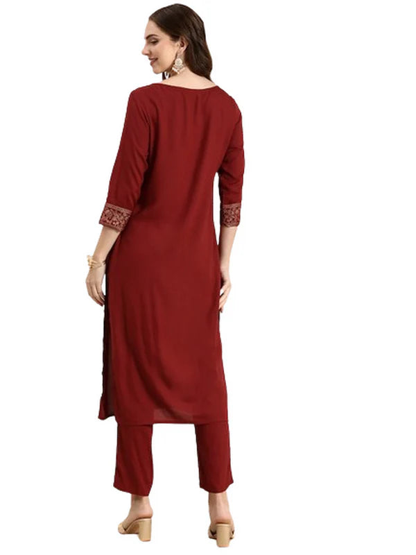 SOLID ROUND NECK HALF SLEEVES CALF LENGTH RAYON KURTA SET