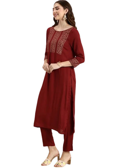 SOLID ROUND NECK HALF SLEEVES CALF LENGTH RAYON KURTA SET