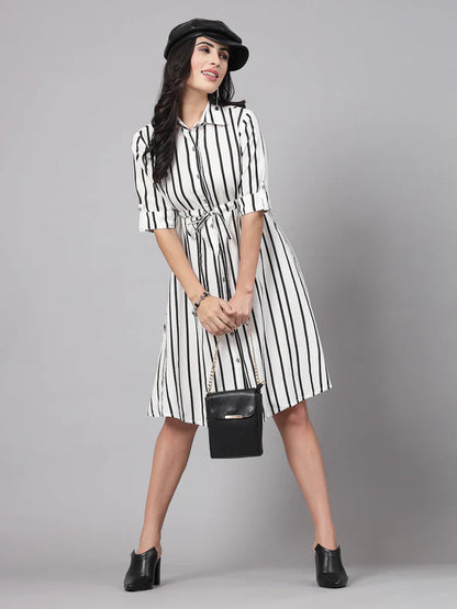 3/4 SLEEVES & SHIRT COLLORRAYON STRIPES PRINT DRESS