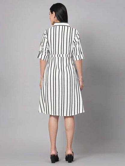 3/4 SLEEVES & SHIRT COLLORRAYON STRIPES PRINT DRESS