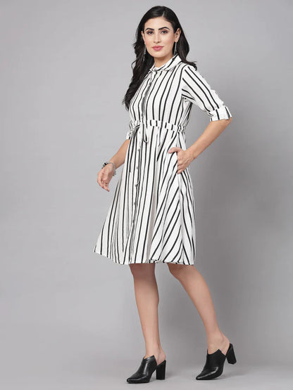 3/4 SLEEVES & SHIRT COLLORRAYON STRIPES PRINT DRESS