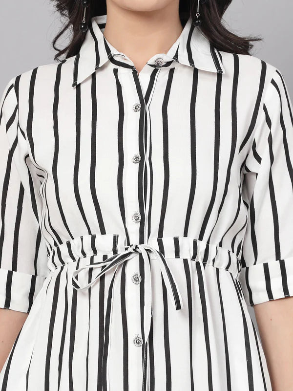 3/4 SLEEVES & SHIRT COLLORRAYON STRIPES PRINT DRESS