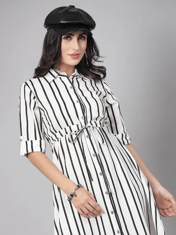 3/4 SLEEVES & SHIRT COLLORRAYON STRIPES PRINT DRESS