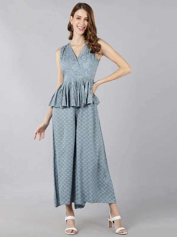 RAYON PRINTED FLARED JUMPSUIT (GREY)