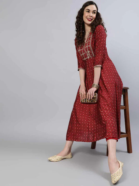 RAYON V- NECK 3/4 SLEEVE PRINTED A-LINE KURTA SET