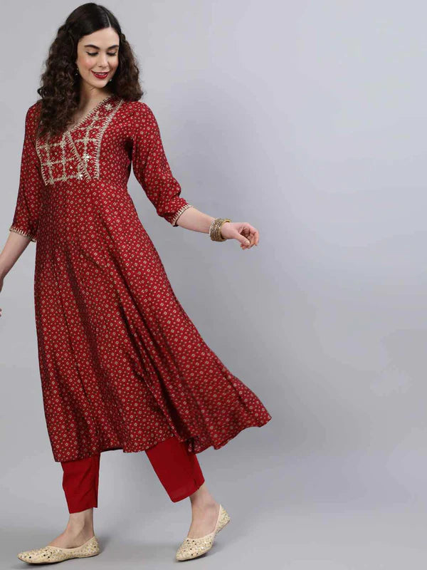 RAYON V- NECK 3/4 SLEEVE PRINTED A-LINE KURTA SET