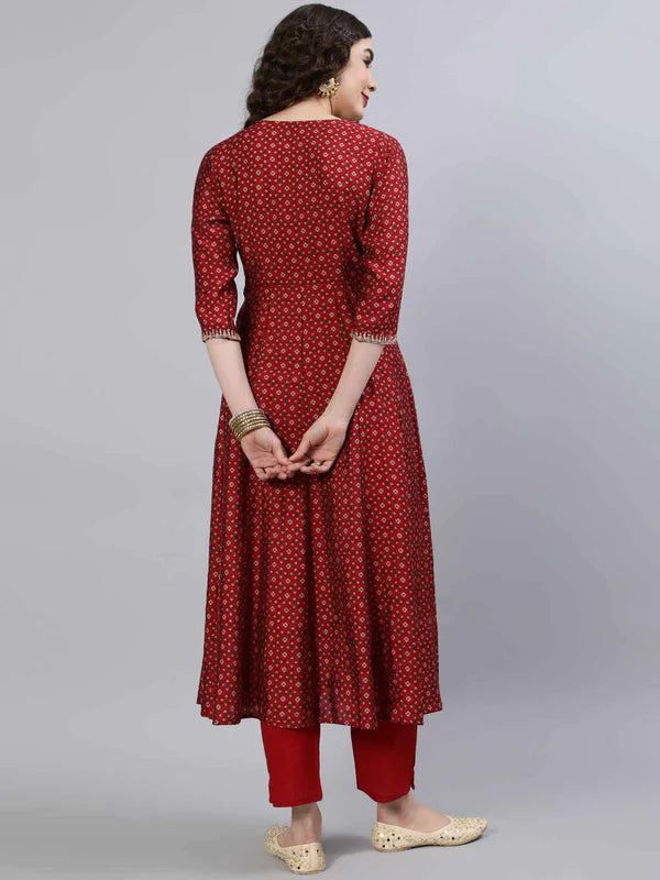 RAYON V- NECK 3/4 SLEEVE PRINTED A-LINE KURTA SET