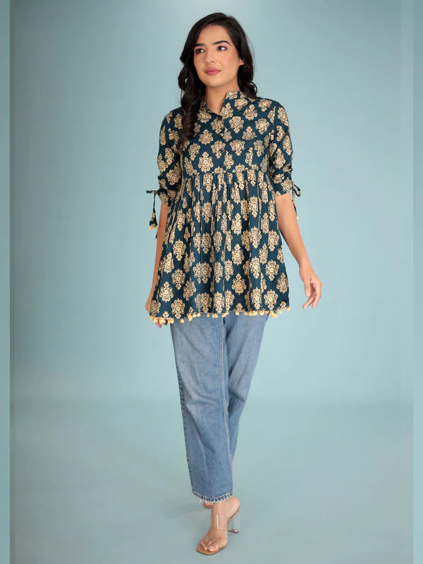 BLUE GOLD-TONED ETHNIC MOTIFS PRINT TOP