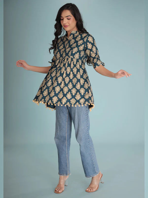 BLUE GOLD-TONED ETHNIC MOTIFS PRINT TOP