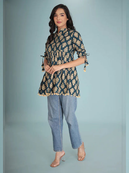 BLUE GOLD-TONED ETHNIC MOTIFS PRINT TOP