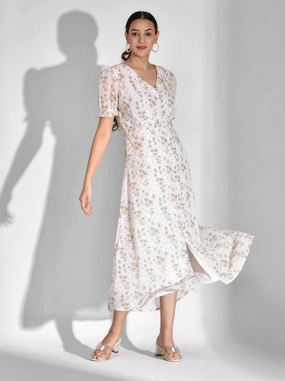 FLARED PRINTED CHIFFON DRESS