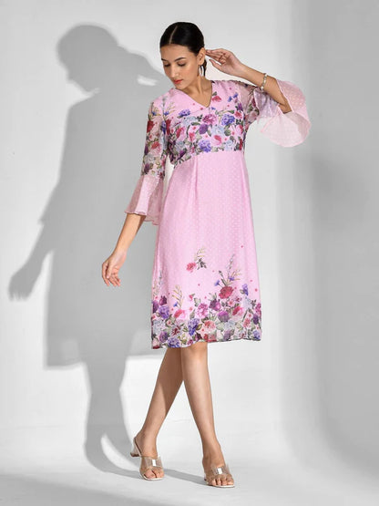 A-LINE FLORAL PRINT CHIFFON DRESS