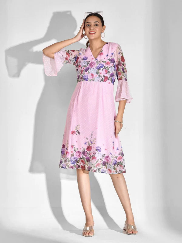 A-LINE FLORAL PRINT CHIFFON DRESS