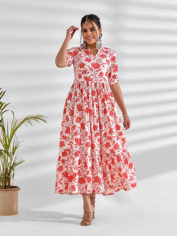 FLARED PRINTED VISCOSE RAYON DRESS