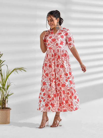 FLARED PRINTED VISCOSE RAYON DRESS