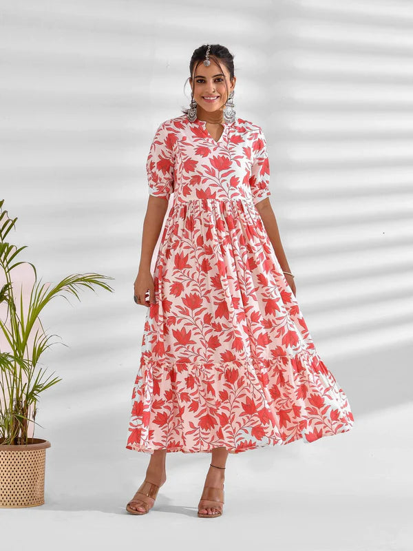 FLARED PRINTED VISCOSE RAYON DRESS