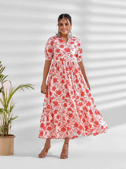 FLARED PRINTED VISCOSE RAYON DRESS