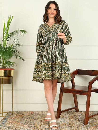 FLARED PRINTED VISCOSE RAYON DRESS