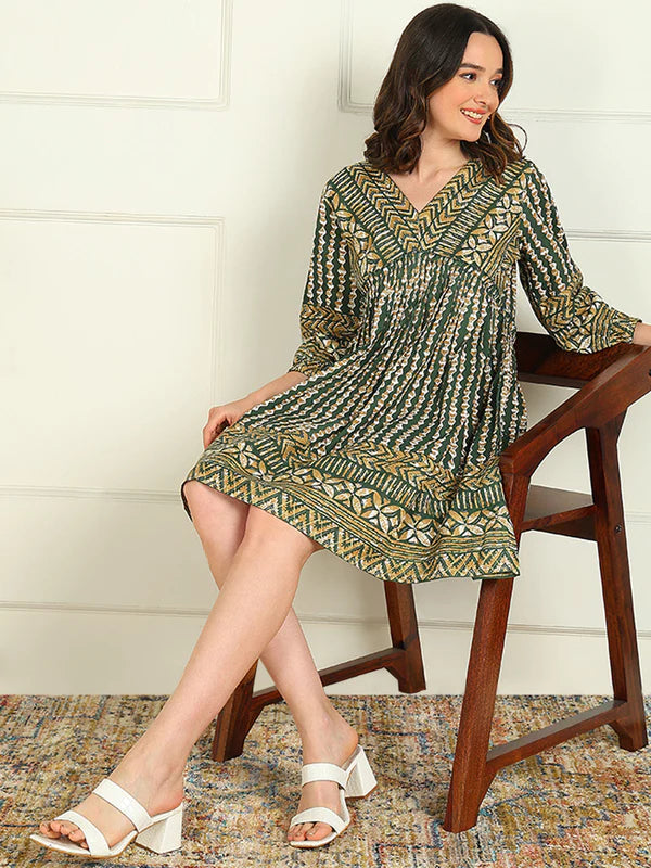 FLARED PRINTED VISCOSE RAYON DRESS