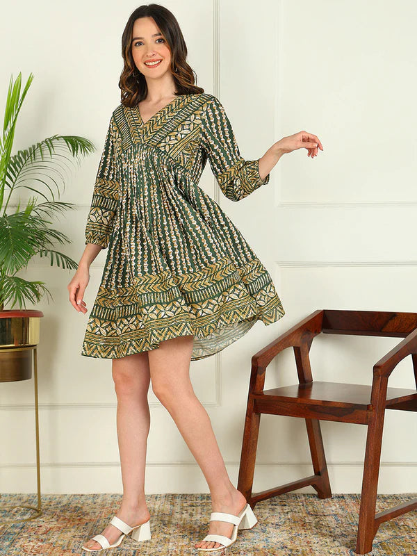 FLARED PRINTED VISCOSE RAYON DRESS