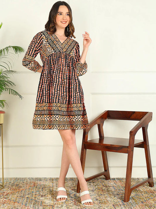 FLARED PRINTED VISCOSE RAYON DRESS