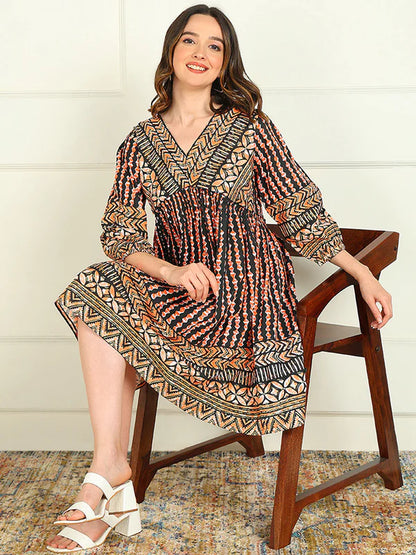 FLARED PRINTED VISCOSE RAYON DRESS