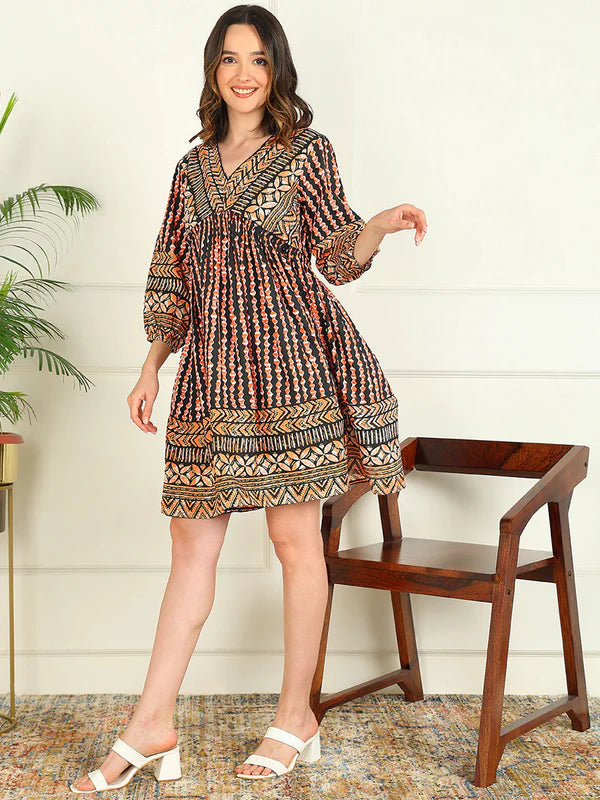 FLARED PRINTED VISCOSE RAYON DRESS