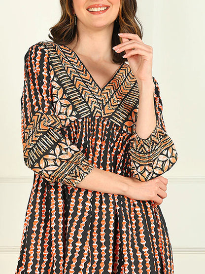 FLARED PRINTED VISCOSE RAYON DRESS